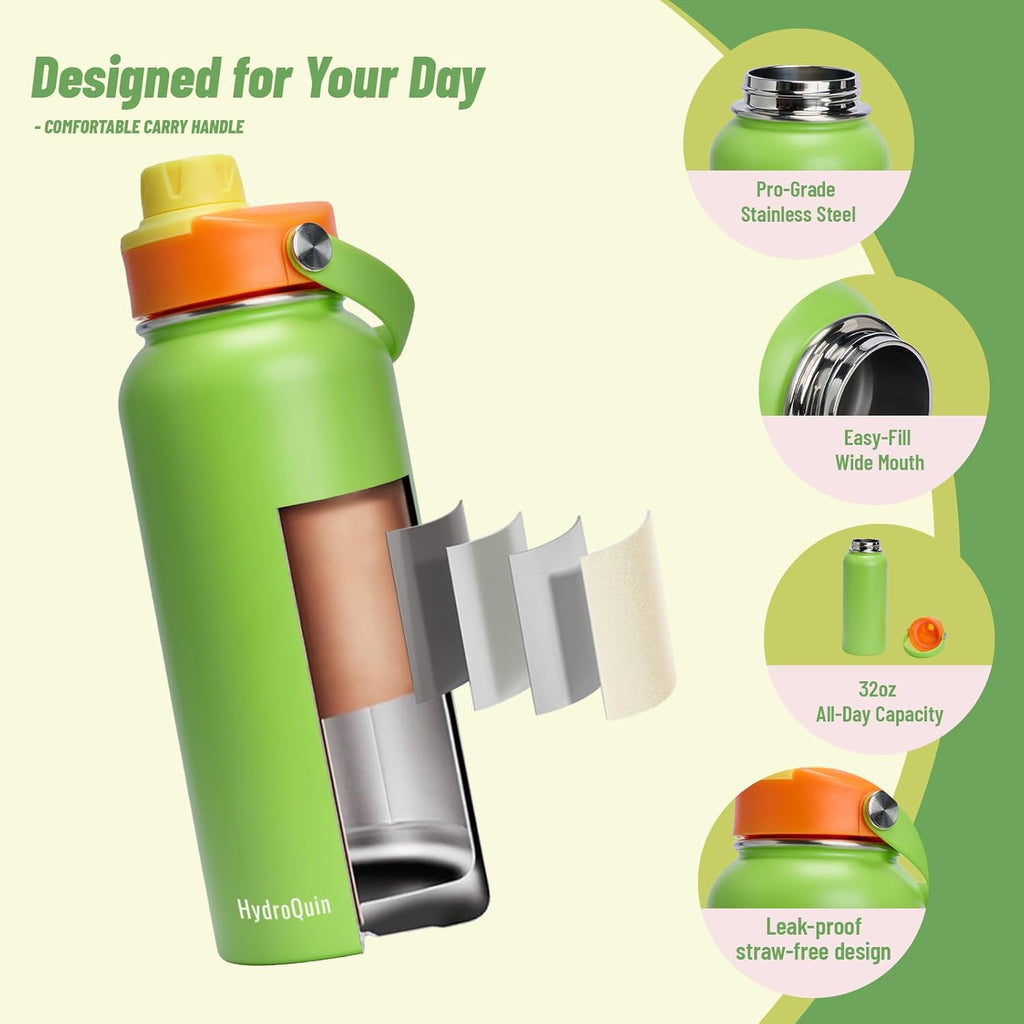 32oz Water Bottle with Comfort Grip Handle, Gym Water Bottle, Insulated Steel Water Bottle with Wide Mouth, No Straw