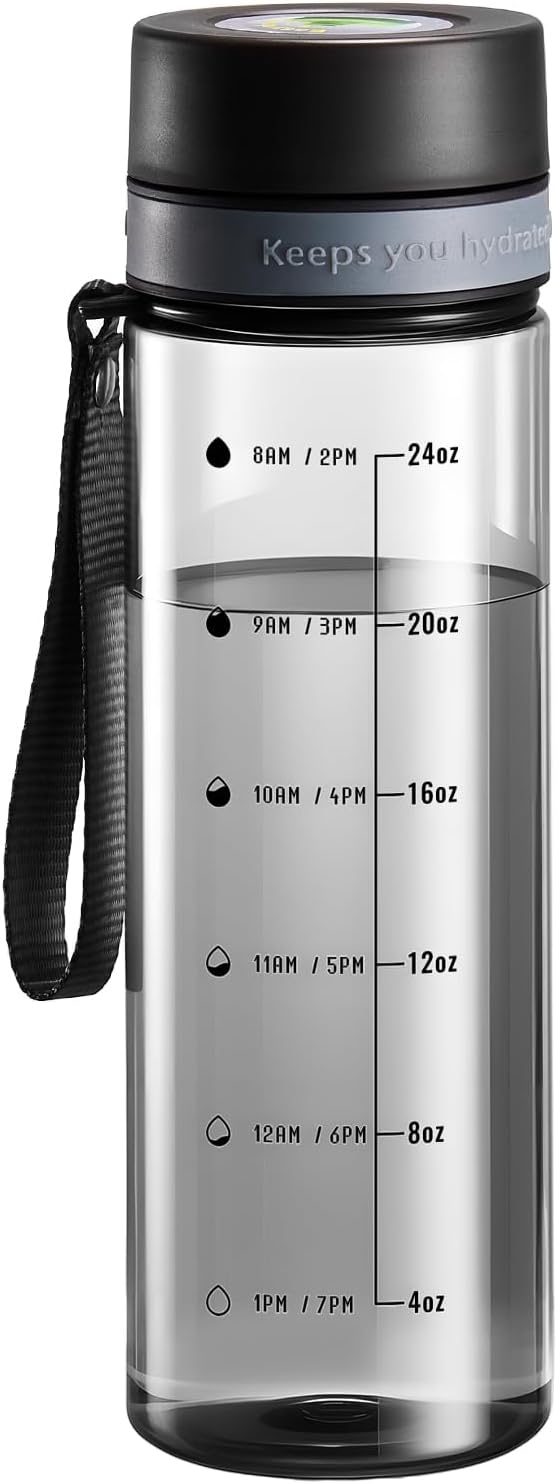 Plastic Water Bottles, 28oz Clear Water Bottle with Measurements, Wide Mouth Water Bottle with Strap, Gym Water Bottles for Men (Grey)