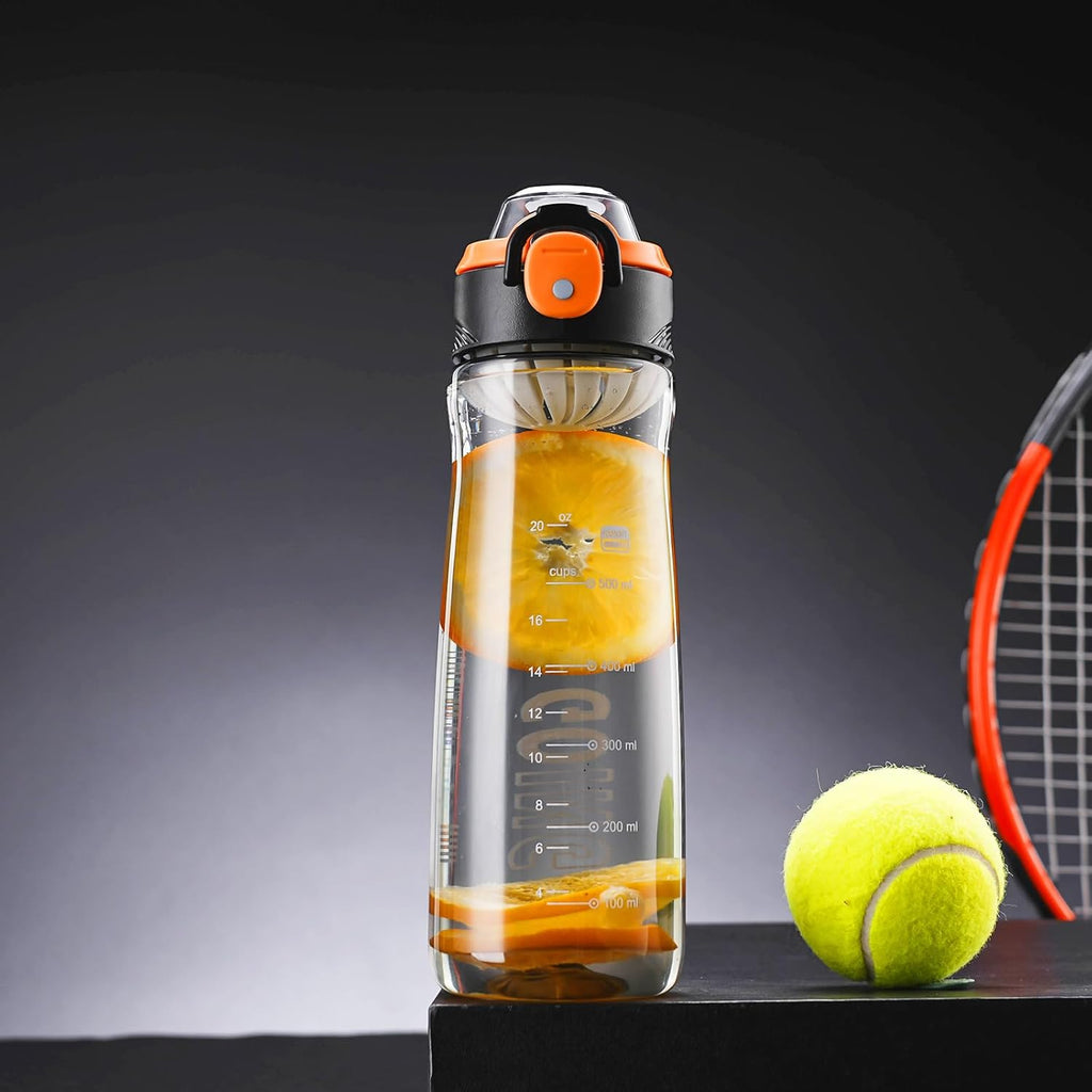 27OZ Reusable Plastic Water Bottle, Clear with Measurements, Sports Bottle for Running, Gym, Hiking, Black