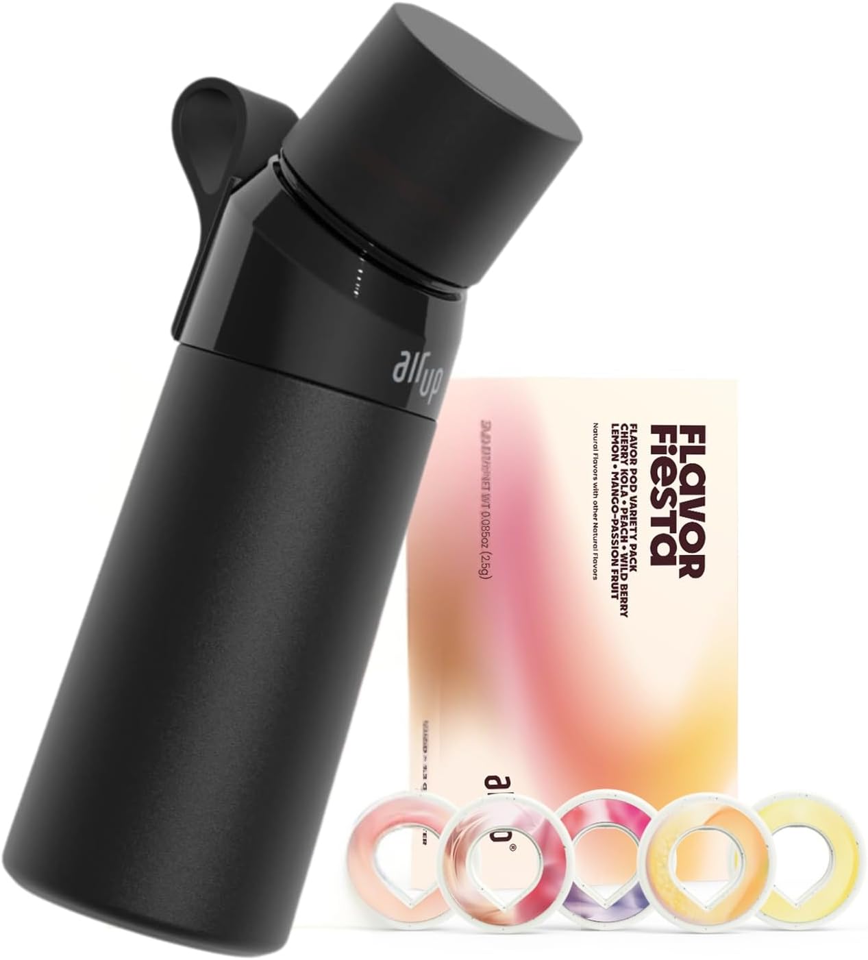 air up® water bottle (16oz) Steel Black + 5x pods Flavor Fiesta | Sugar free flavor pods & Water bottles with straw | Flavored water bottle