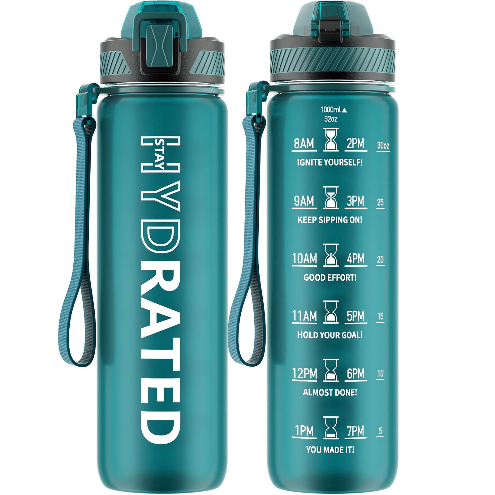Water Bottle with Straw, 32oz Motivational Water Bottles with Time Marker to Drink, Tritan BPA Free, 1L Sports Water Bottle with Carry Strap LeakProof for Women Gym Fitness Outdoor (1 Pack)