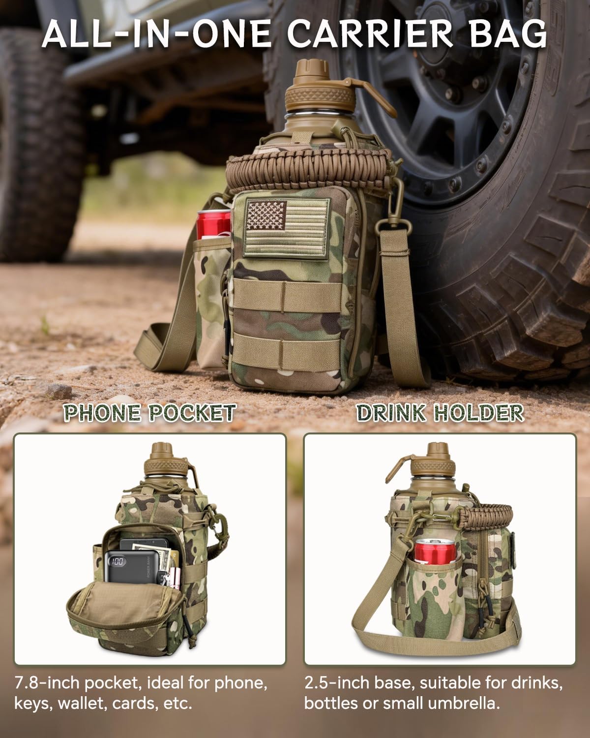 COOLYARD Half Gallon Water Bottle Insulated with Sleeve-64 oz Stainless Steel Water Jug with Strap Paracord Handle Metal Sport GYM Water Bottles for Hunting Hiking Travel Biking Camo CP