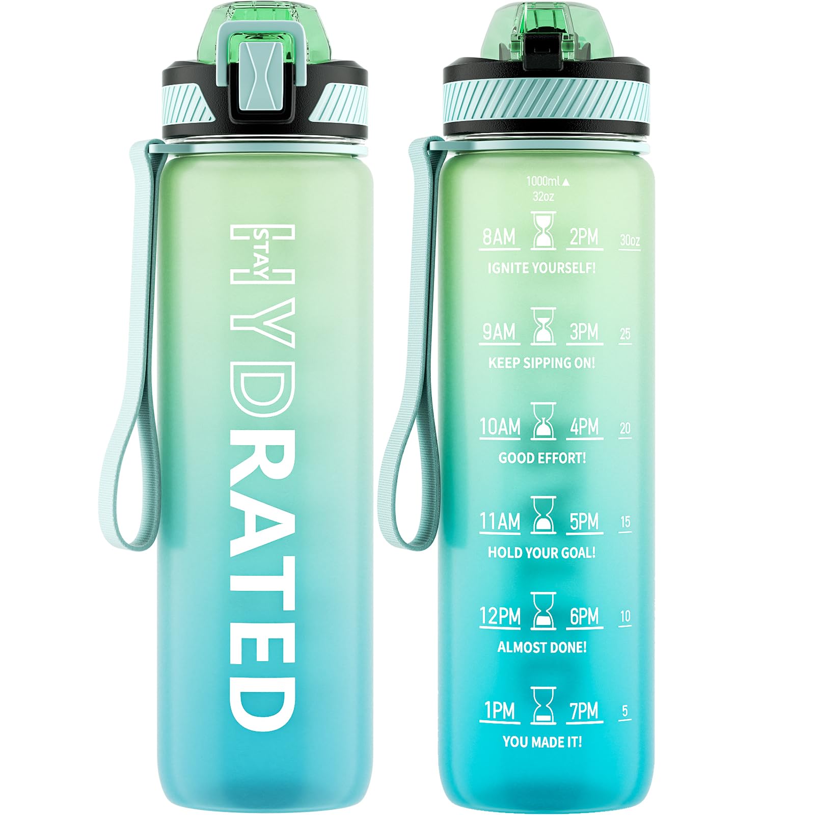 Water Bottle with Straw, 32oz Motivational Water Bottles with Time Marker to Drink, Tritan BPA Free, 1L Sports Water Bottle with Carry Strap LeakProof for Women Gym Fitness Outdoor (1 Pack)