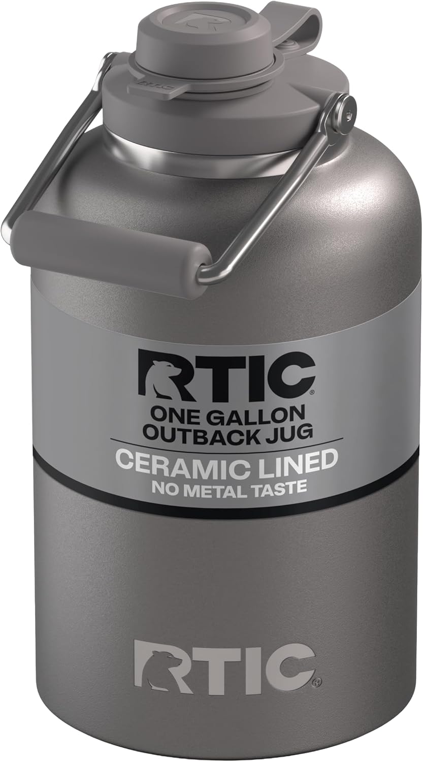 RTIC 1 Gallon Outback Jug, Stainless Steel, Ceramic Lined Insulated Water Bottle with Lid and Handle, BPA-Free, Double Wall Vacuum Insulation, Graphite