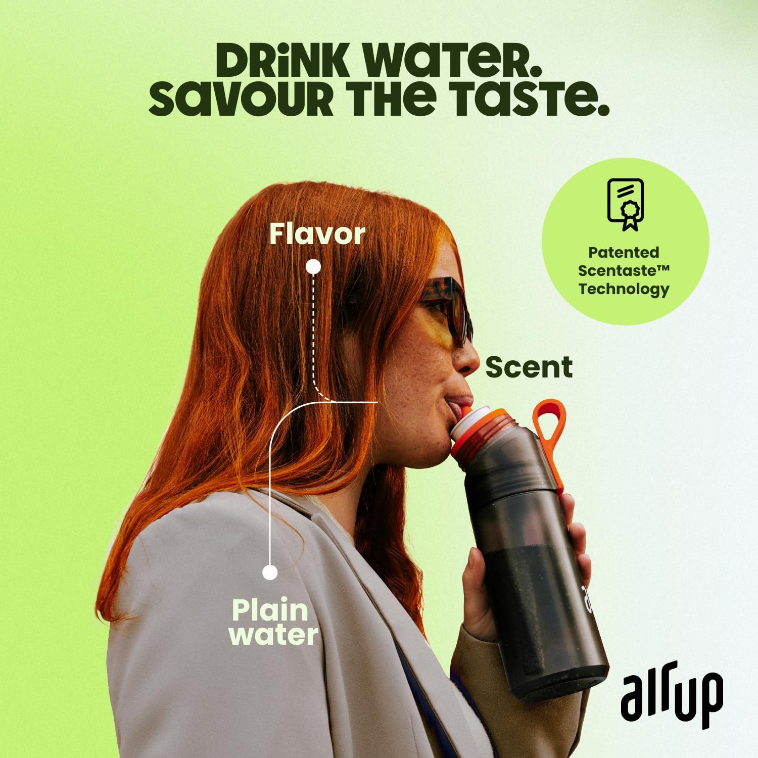 air up® water bottle (21oz) Twist Vibrant Green starter set with 5-Pod Variety Pack Flavor Fiesta, Orange Strap & Straw Brush | sugar-free flavoring | dishwasher-safe, BPA-free