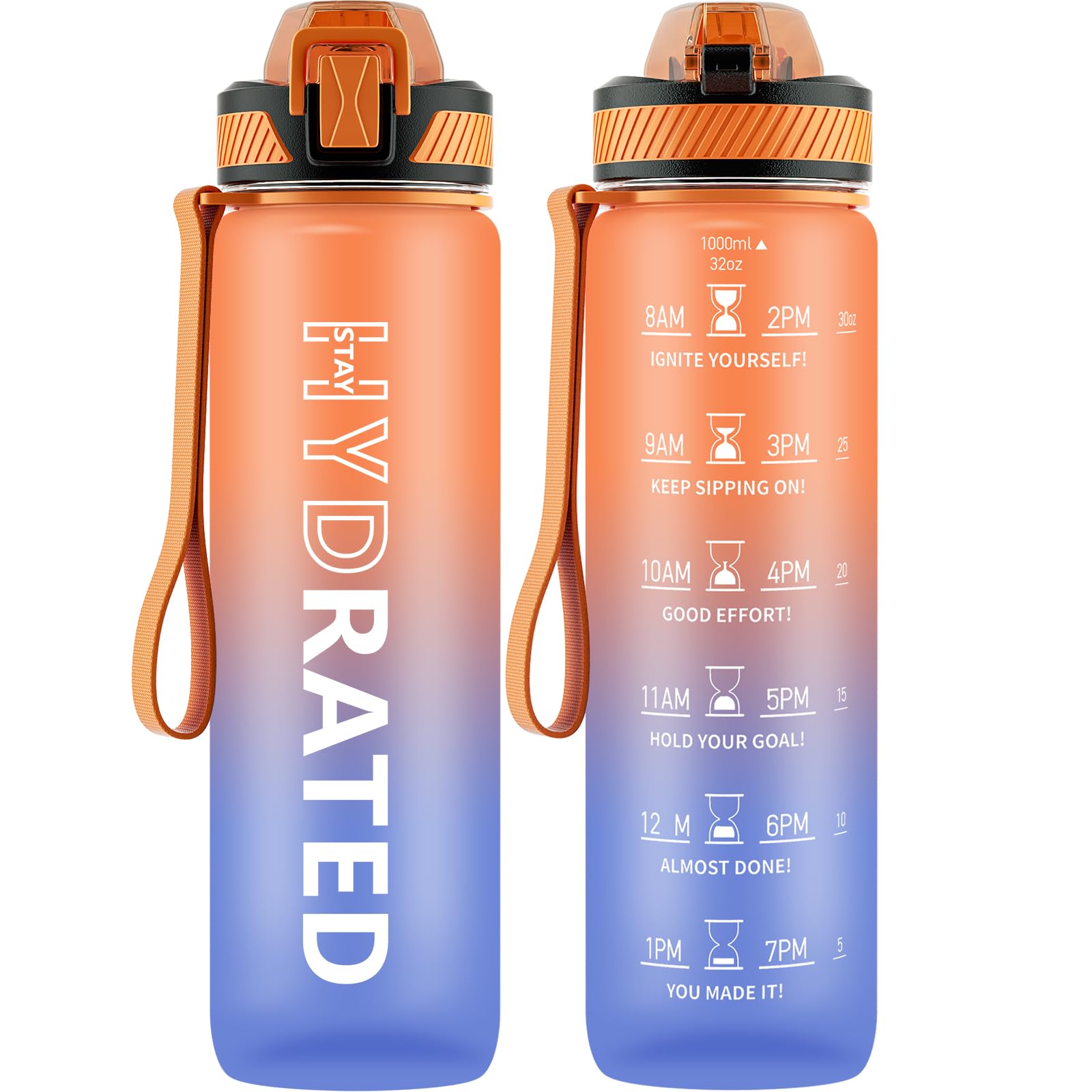 Water Bottle with Straw, 32oz Motivational Water Bottles with Time Marker to Drink, Tritan BPA Free, 1L Sports Water Bottle with Carry Strap LeakProof for Women Gym Fitness Outdoor (1 Pack)