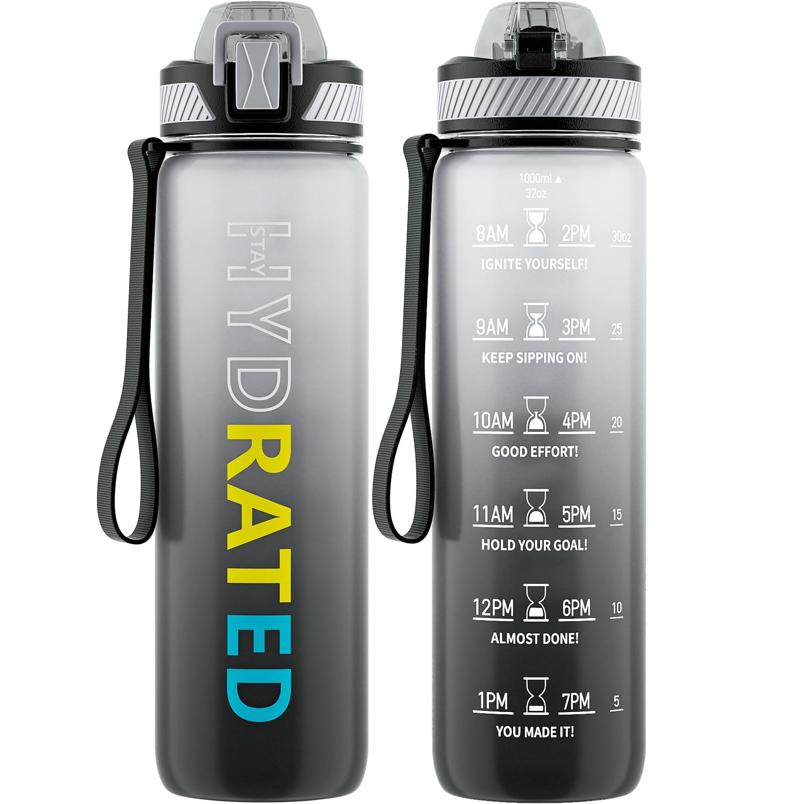 Water Bottle with Straw, 32oz Motivational Water Bottles with Time Marker to Drink, Tritan BPA Free, 1L Sports Water Bottle with Carry Strap LeakProof for Women Gym Fitness Outdoor (1 Pack)