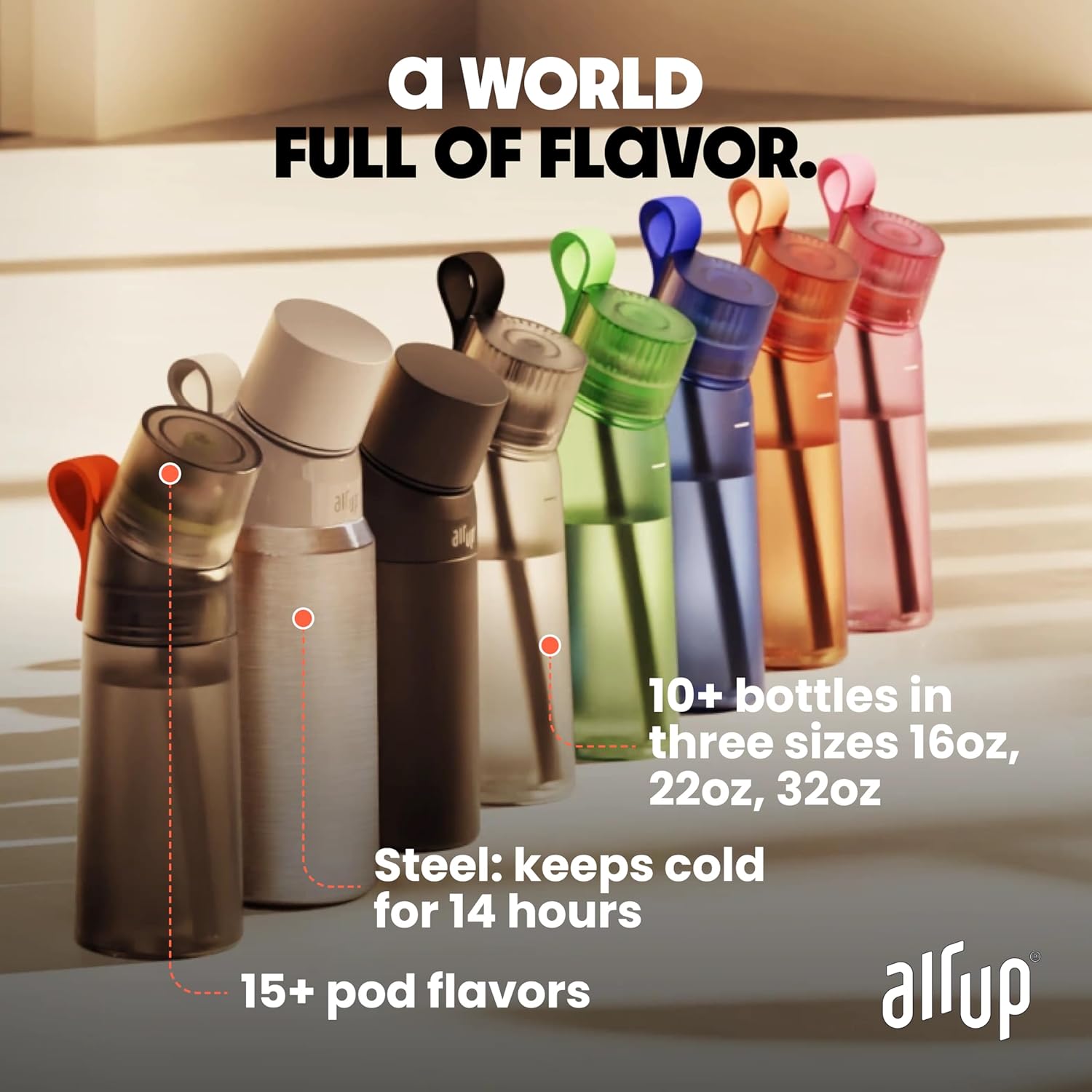 air up® water bottle (16oz) Steel Black + 5x pods Flavor Fiesta | Sugar free flavor pods & Water bottles with straw | Flavored water bottle