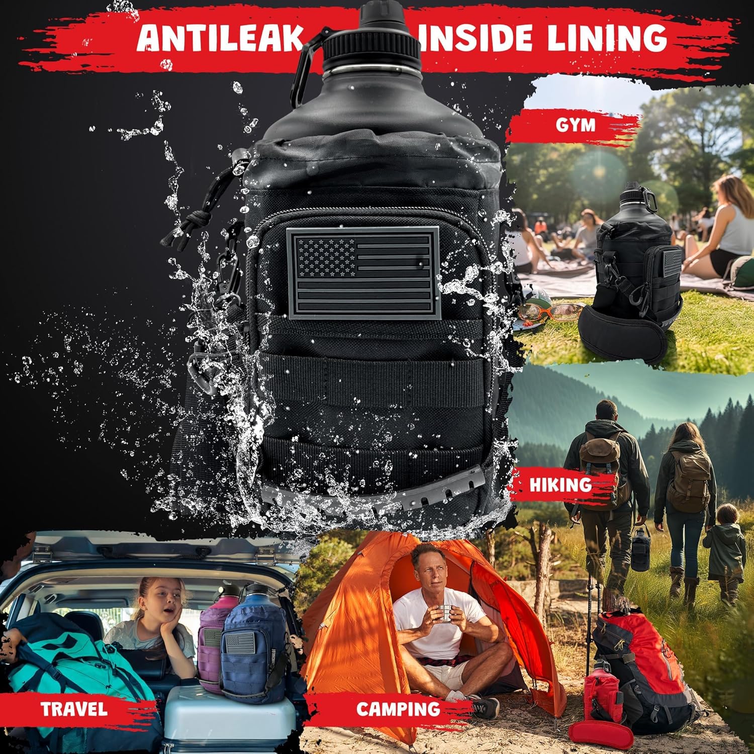 1 Gallon Water Bottle - 128 Oz Insulated Stainless Steel Metal Water Bottle with Holder - Carrying Bag - Spout Handle - Straw Lids - Keep Cold & Hot - Black Tactical Flask